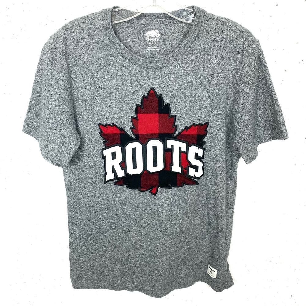 Roots Park Plaid Maple Leaf T-Shirt Short Sleeve Heather Grey Crewneck Size XS